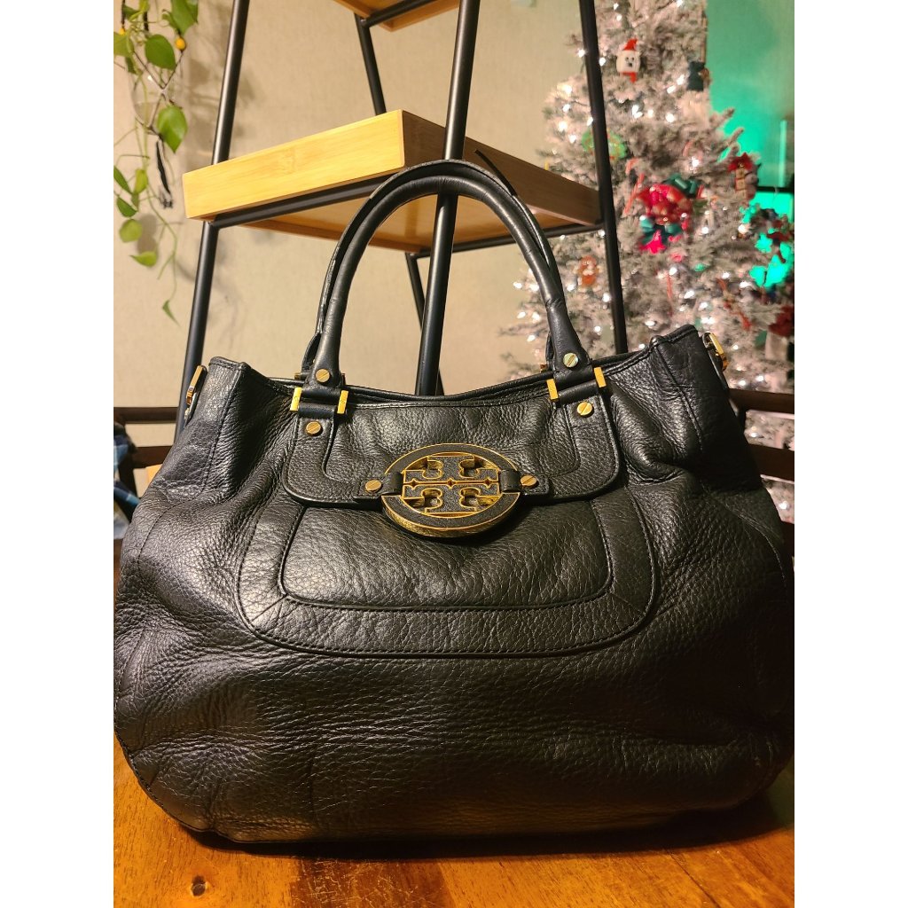 Tory Burch Amanda Pebbled Leather Satchel/Crossbody/Shoulder Black Gold